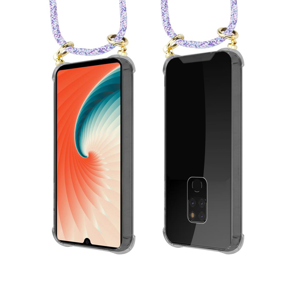 Smartphone in custodia trasparente con laccetto, vista frontale e posteriore.