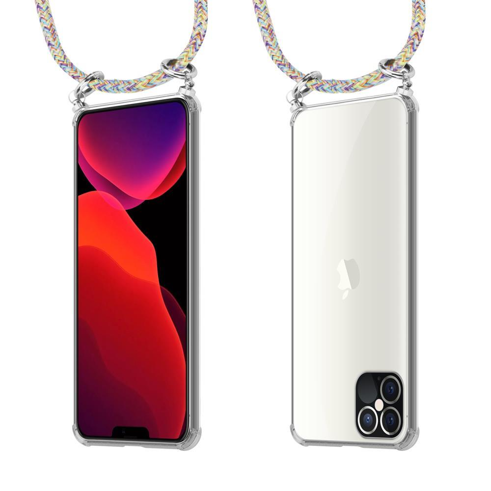 Smartphone in cover trasparente con cordino colorato, vista frontale e posteriore.
