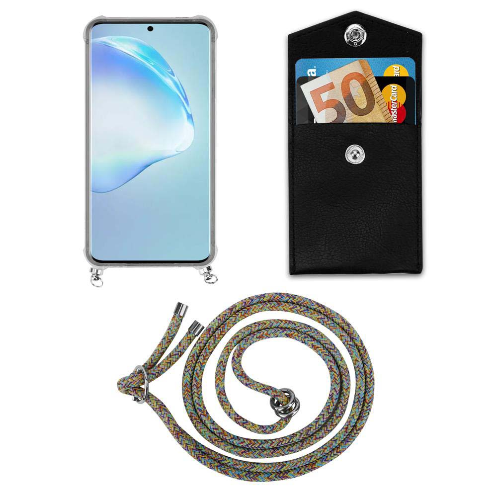 Smartphone in custodia, portafoglio nero con banconota da 50 euro e carta, cordino.