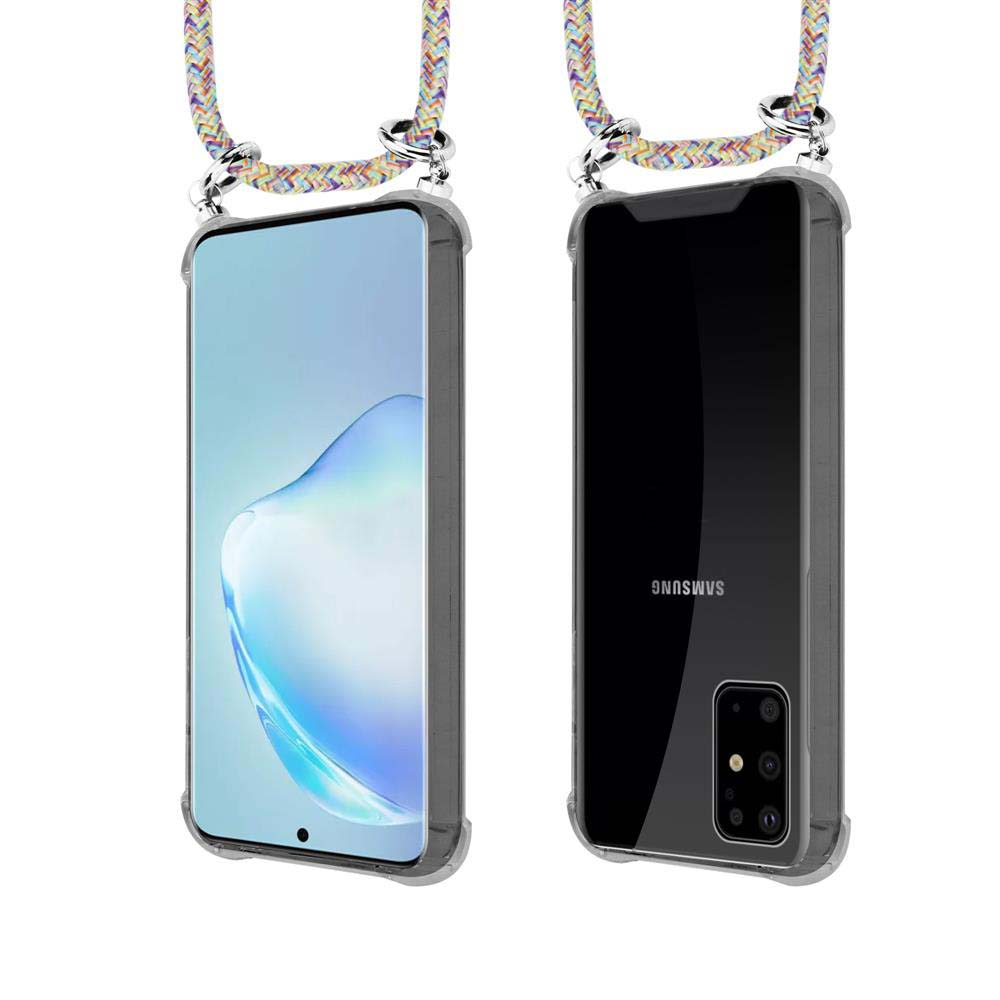 Smartphone in custodia trasparente con laccetto colorato, viste frontale e posteriore.