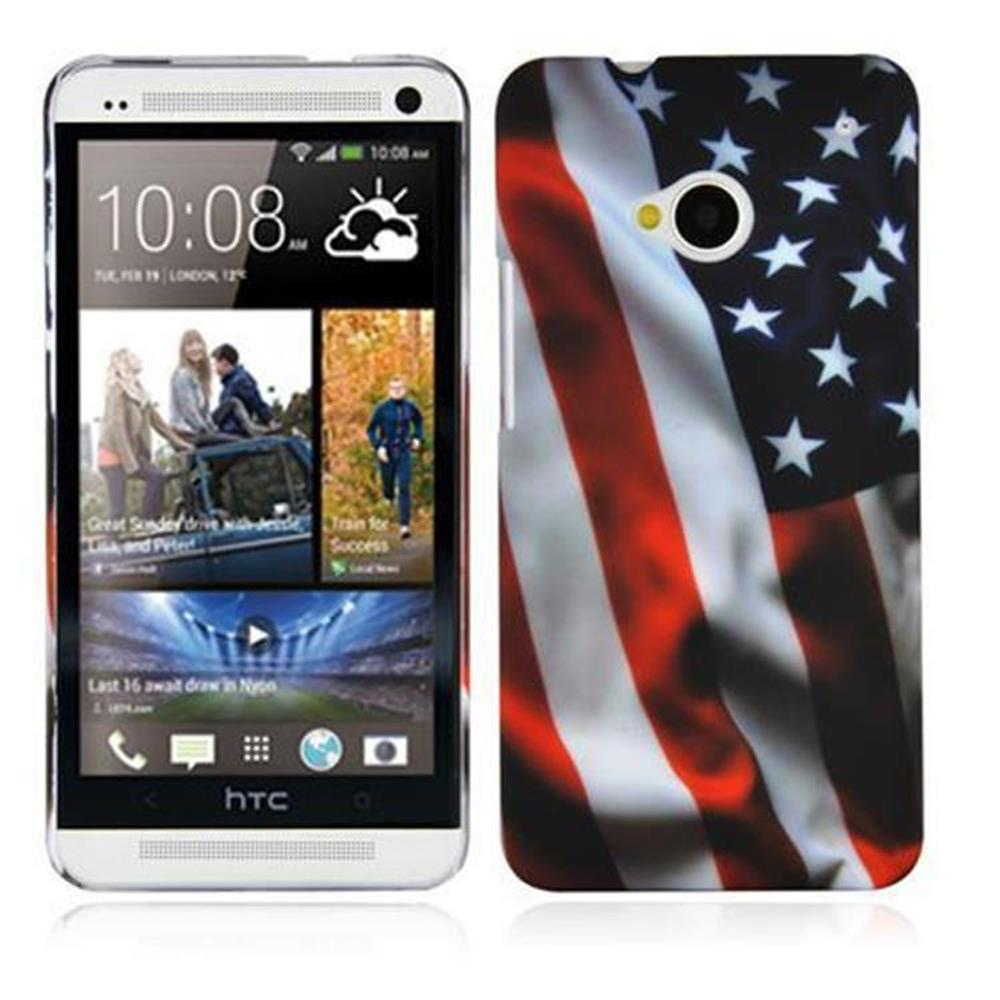 Ein weißes HTC-Telefon mit dem amerikanischen Flaggenmuster-Gehäuse. Die Uhrzeit ist 10:08.
