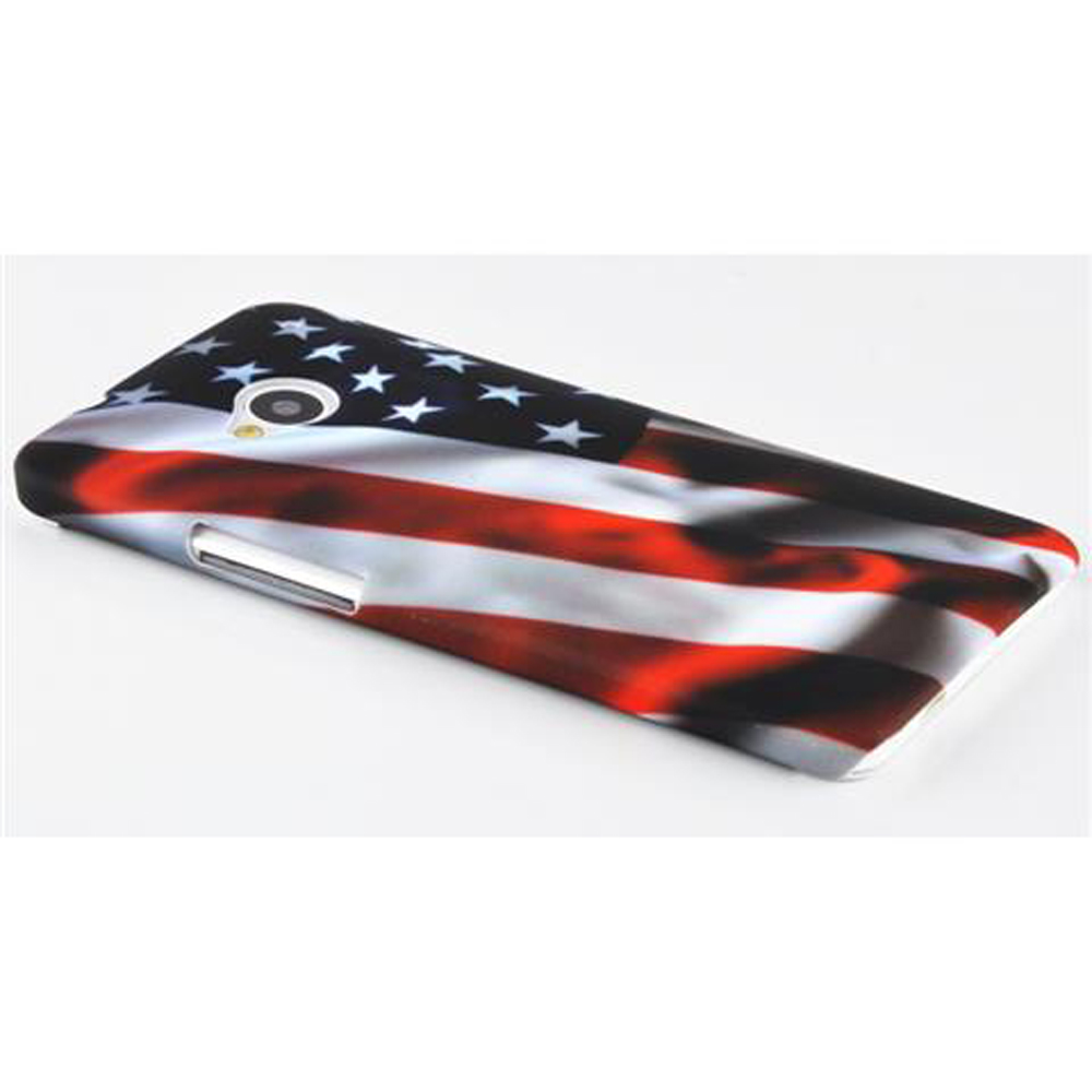Ein Smartphone-Case mit der amerikanischen Flagge, das auf einer weißen Oberfläche liegt.