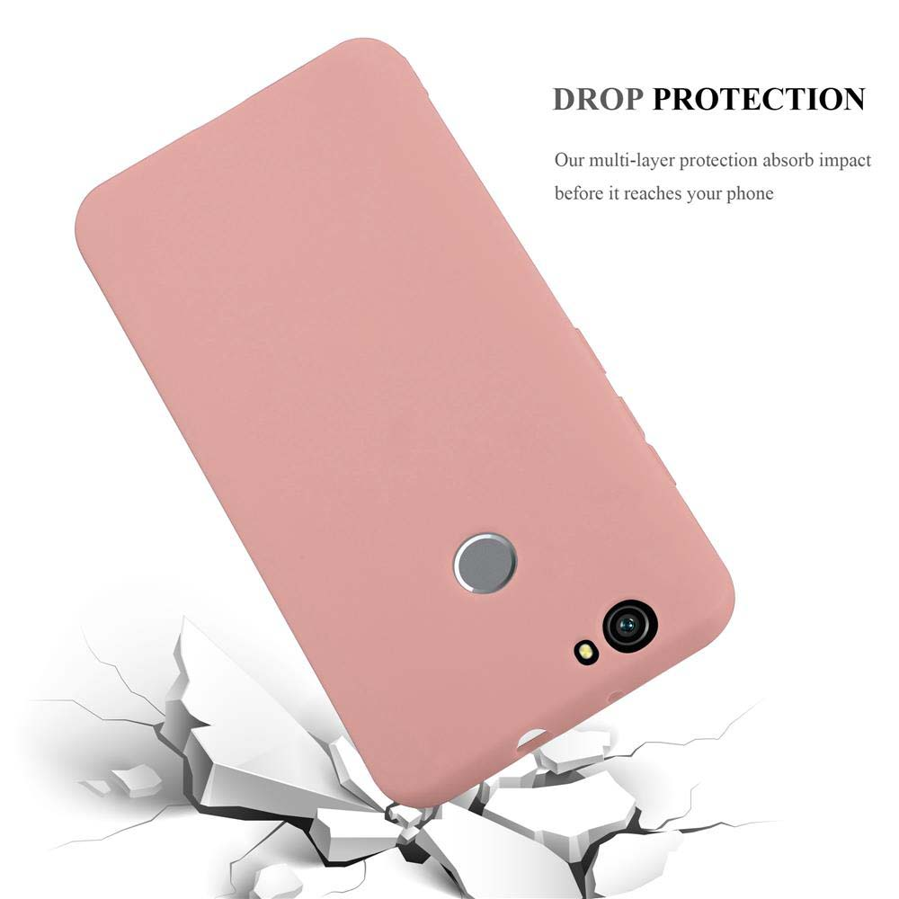 Cover rosa per telefono cade su terreno crepato. Testo "DROP PROTECTION".