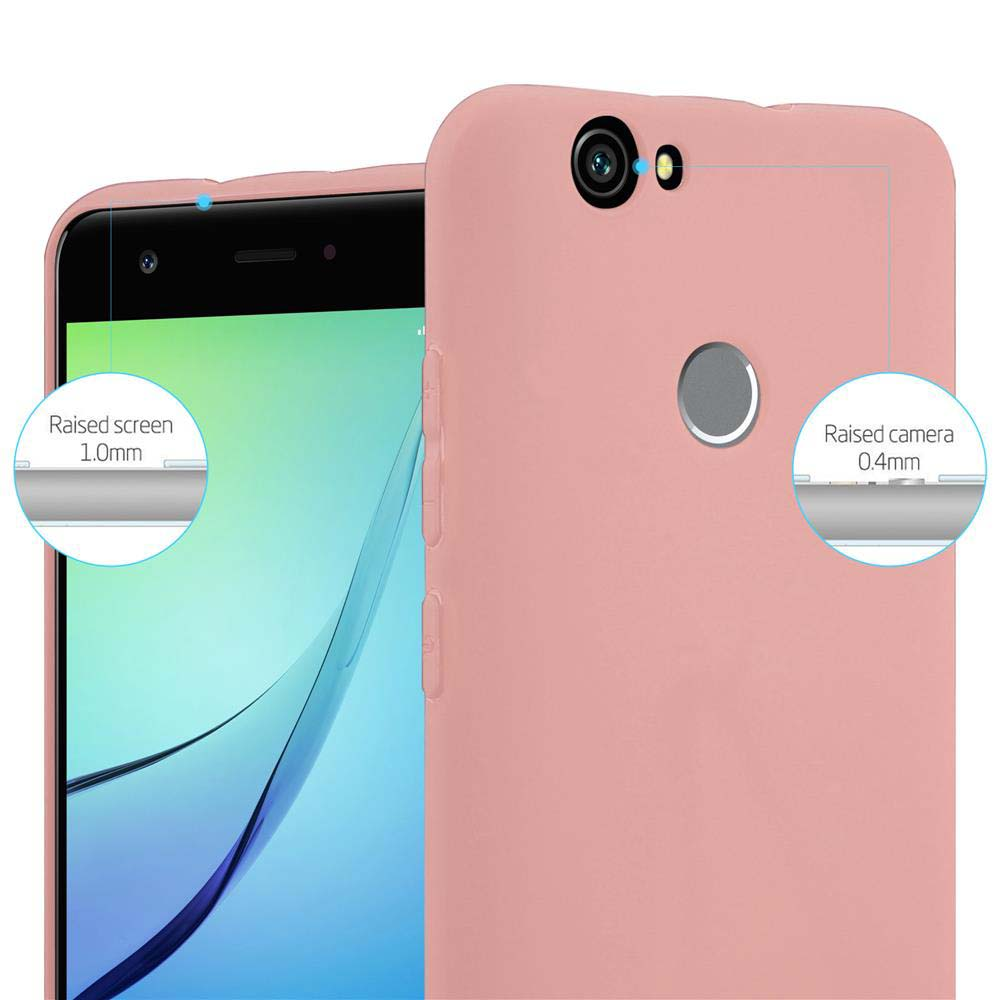 Una cover rosa protegge uno smartphone con fotocamera e schermo rialzati.