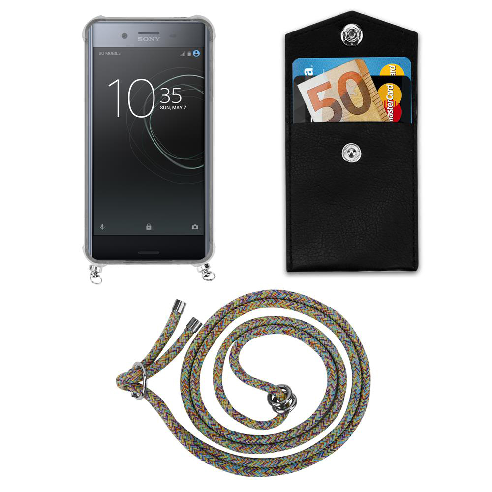 Smartphone con custodia, portafoglio con soldi e carta, e cordino colorato.