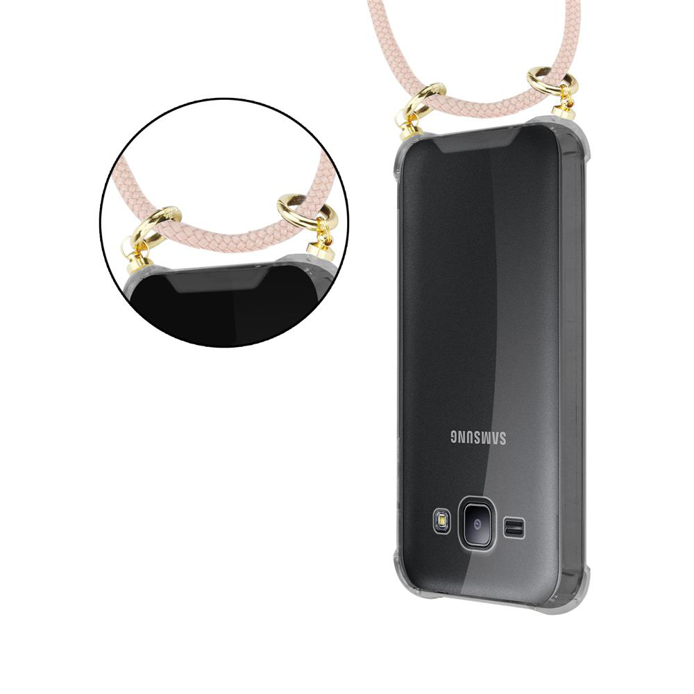 Un telefono Samsung nero in una custodia trasparente con cinturino rosa.