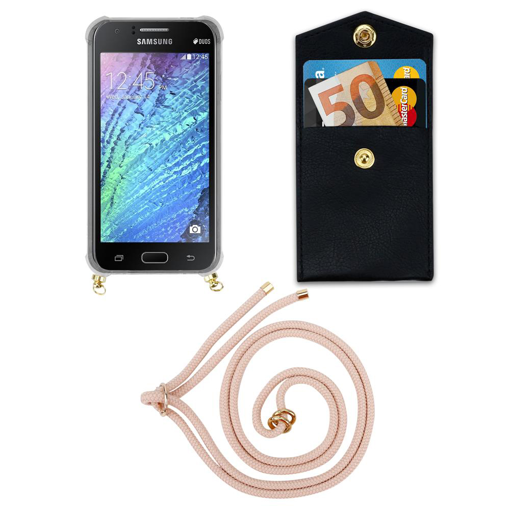 Smartphone Samsung, portafoglio nero con carte, cordino rosa.