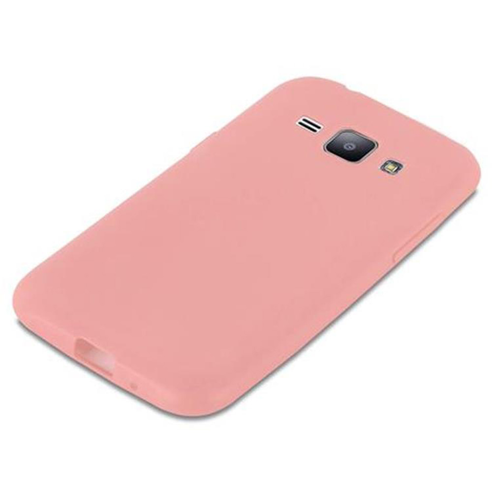 Una custodia per telefono rosa polvere con ritaglio fotocamera e logo.