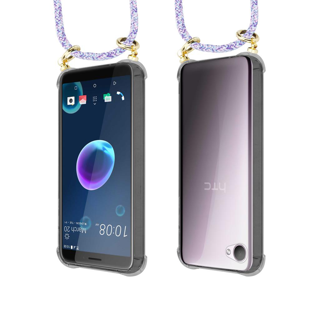 Ein Smartphone mit transparentem Gehäuse und Trageband, Vorder- und Rückansicht.