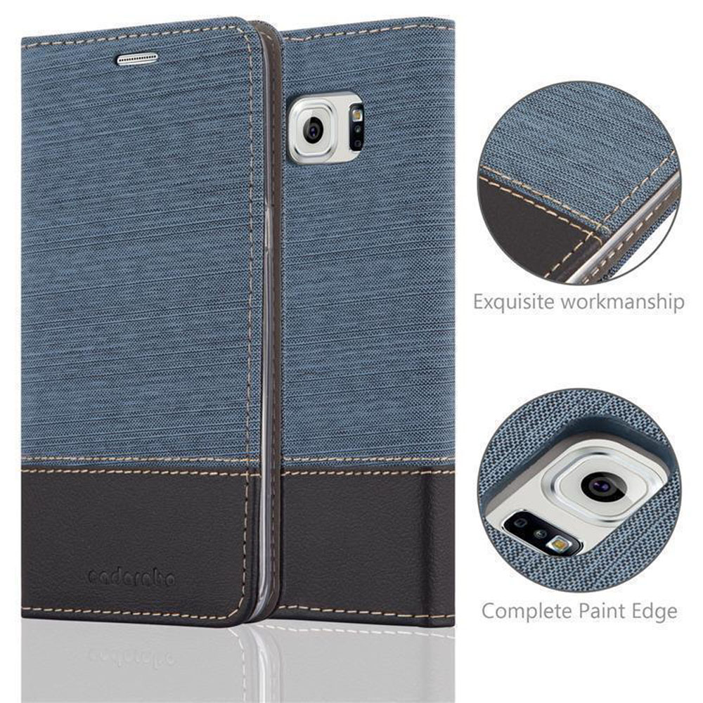 Custodia per telefono in denim blu con accento in pelle marrone.