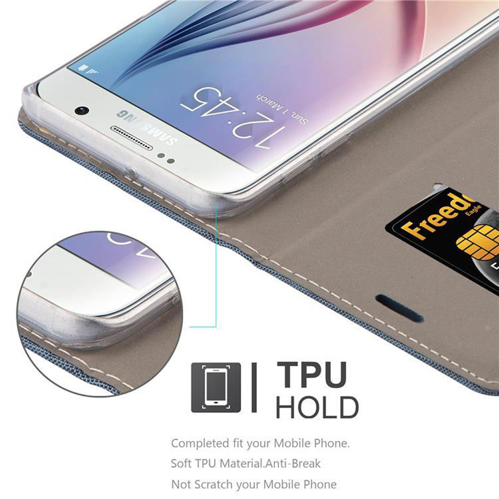 Un Samsung in custodia marrone con porta carte. Ora: 12:45.