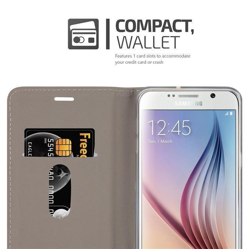 Uno smartphone Samsung in custodia a portafoglio. Una carta è visibile.