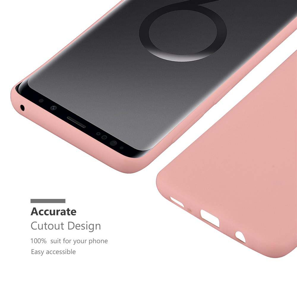 Una cover rosa accanto a uno smartphone con logo circolare.