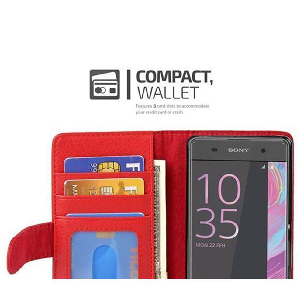 Custodia a portafoglio rossa con slot per carte, carte di credito e telefono.