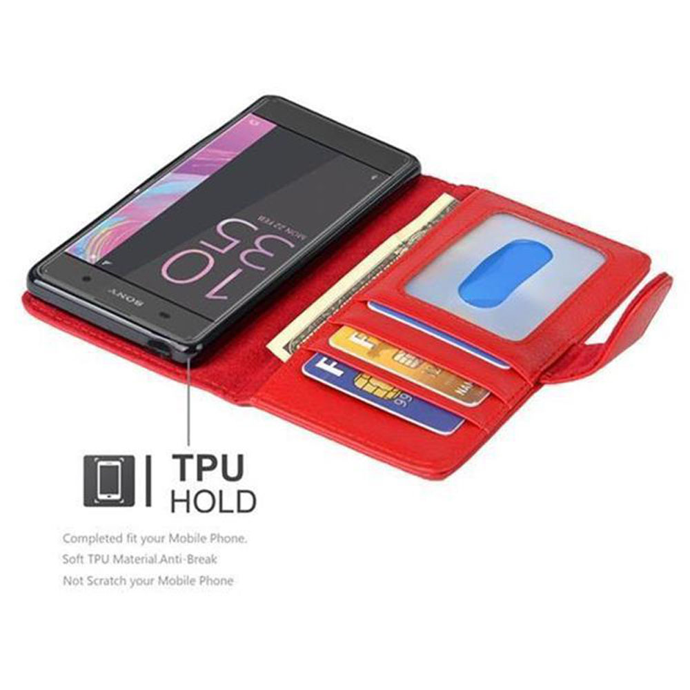Custodia a portafoglio rossa per telefono con slot per carte e uno smartphone. Uno slot ha una finestra.