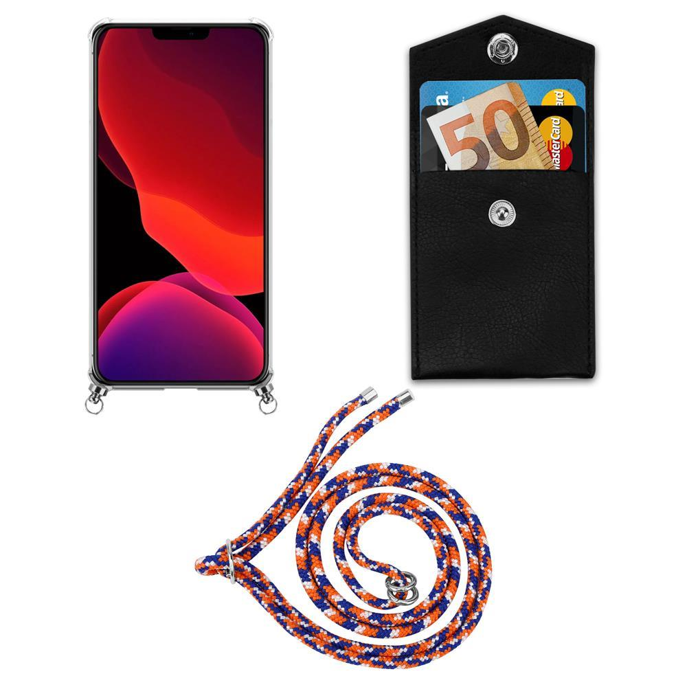 Uno smartphone, una custodia nera con soldi e carte e un cordone colorato.