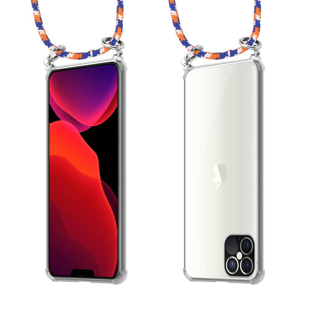 Uno smartphone in una custodia trasparente con tracolla, visto fronte e retro.
