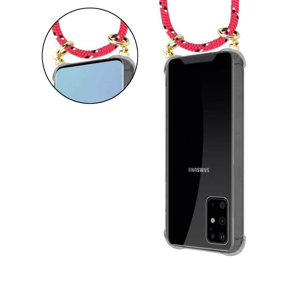 Custodia trasparente per telefono con cordino rosso e accenti dorati.