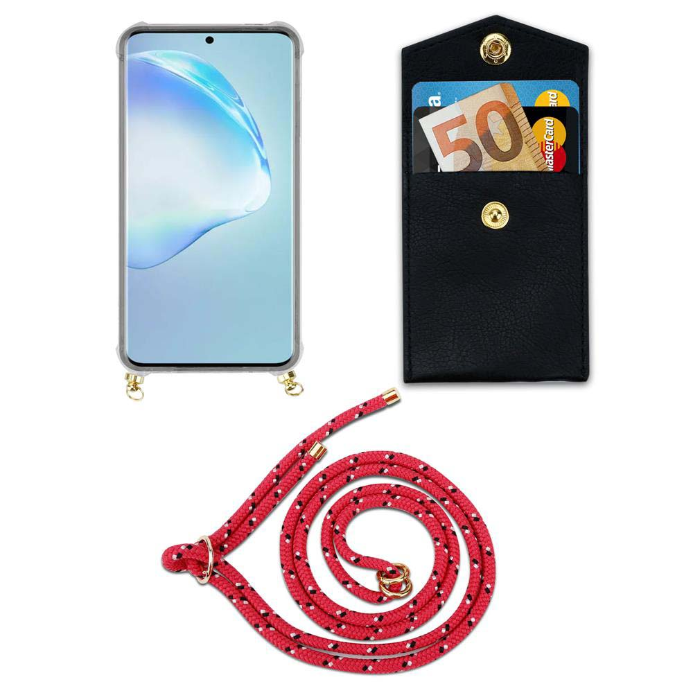 Uno smartphone in custodia, una tasca nera con carte e denaro, e un cordino rosso.