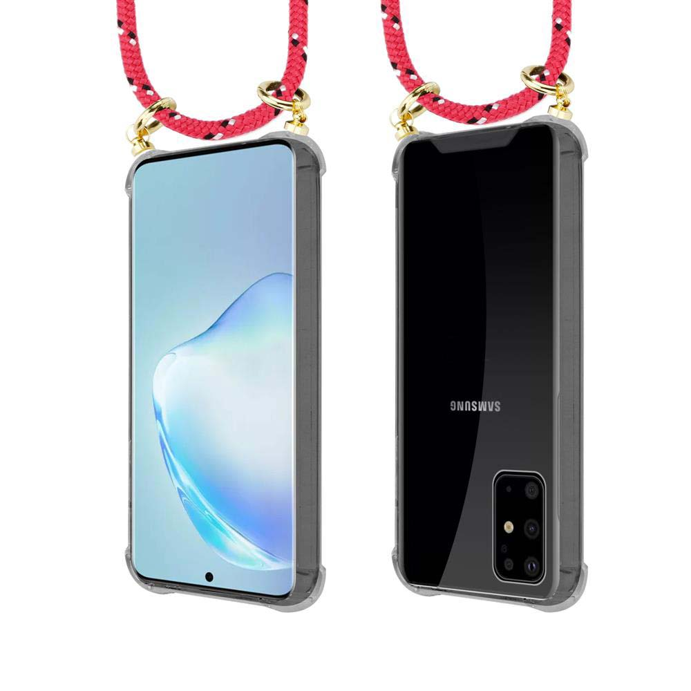 Uno smartphone con cordino rosso e custodia trasparente, viste frontale e posteriore.