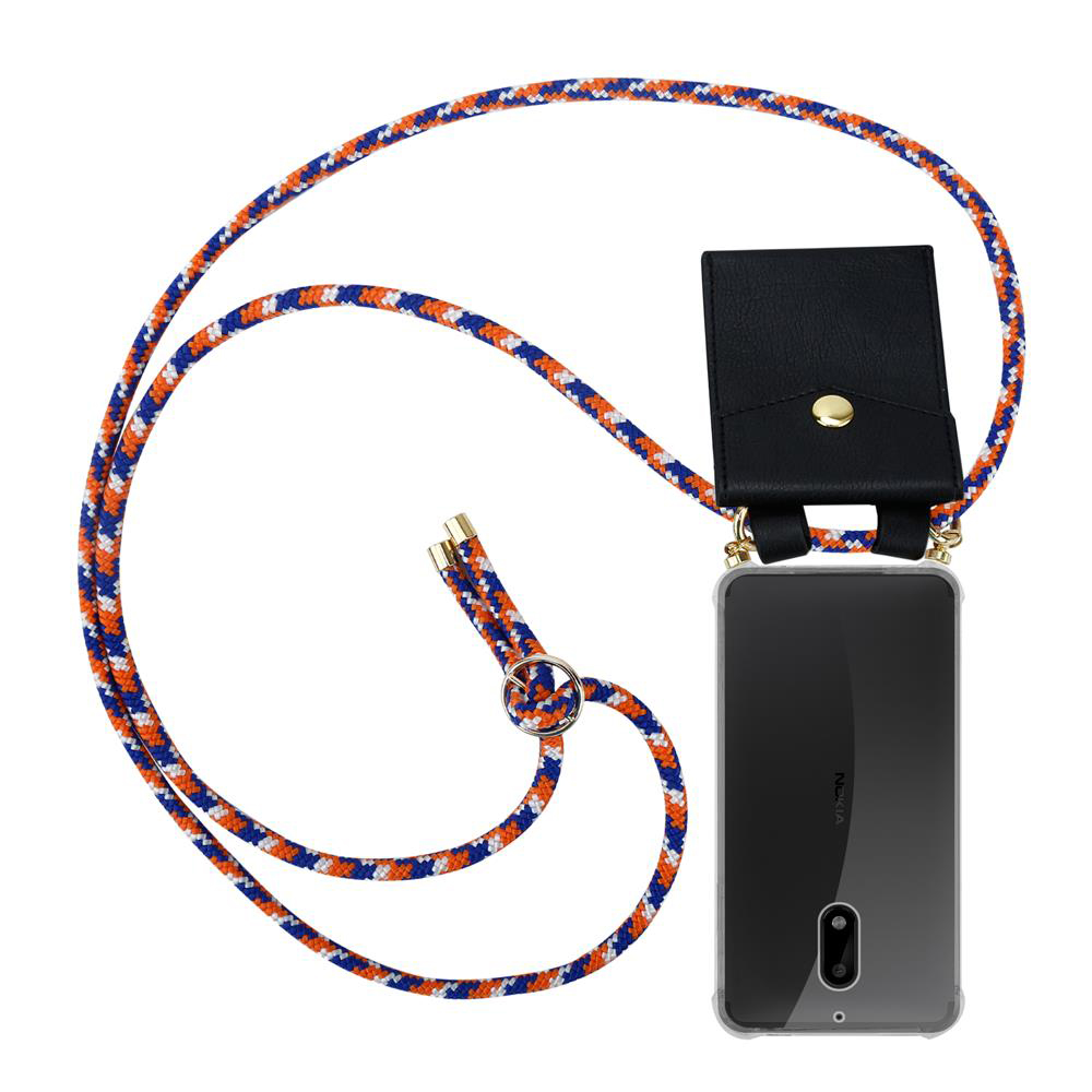 Handyhülle mit Band: Schwarze Tasche, orange-blau-weiße Kordel, transparentes Handy.