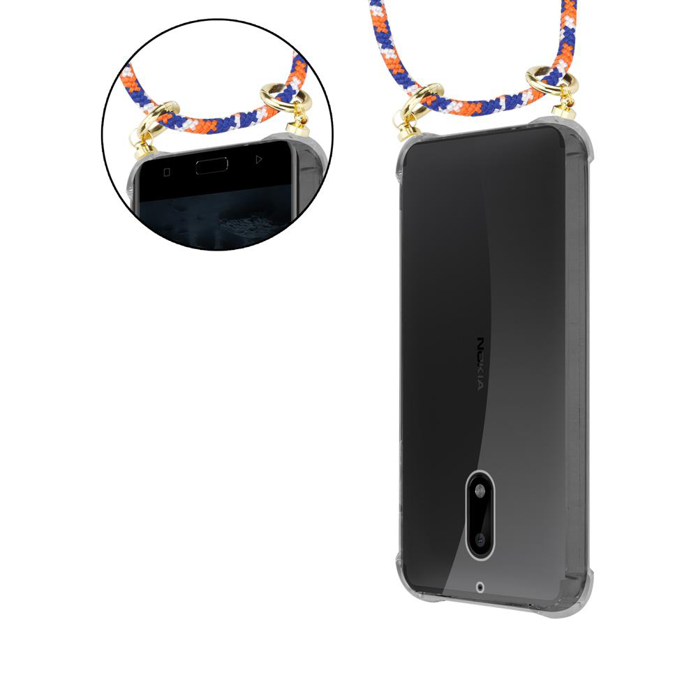 Ein Nokia-Smartphone in einer durchsichtigen Hülle mit einem bunten Lanyard.