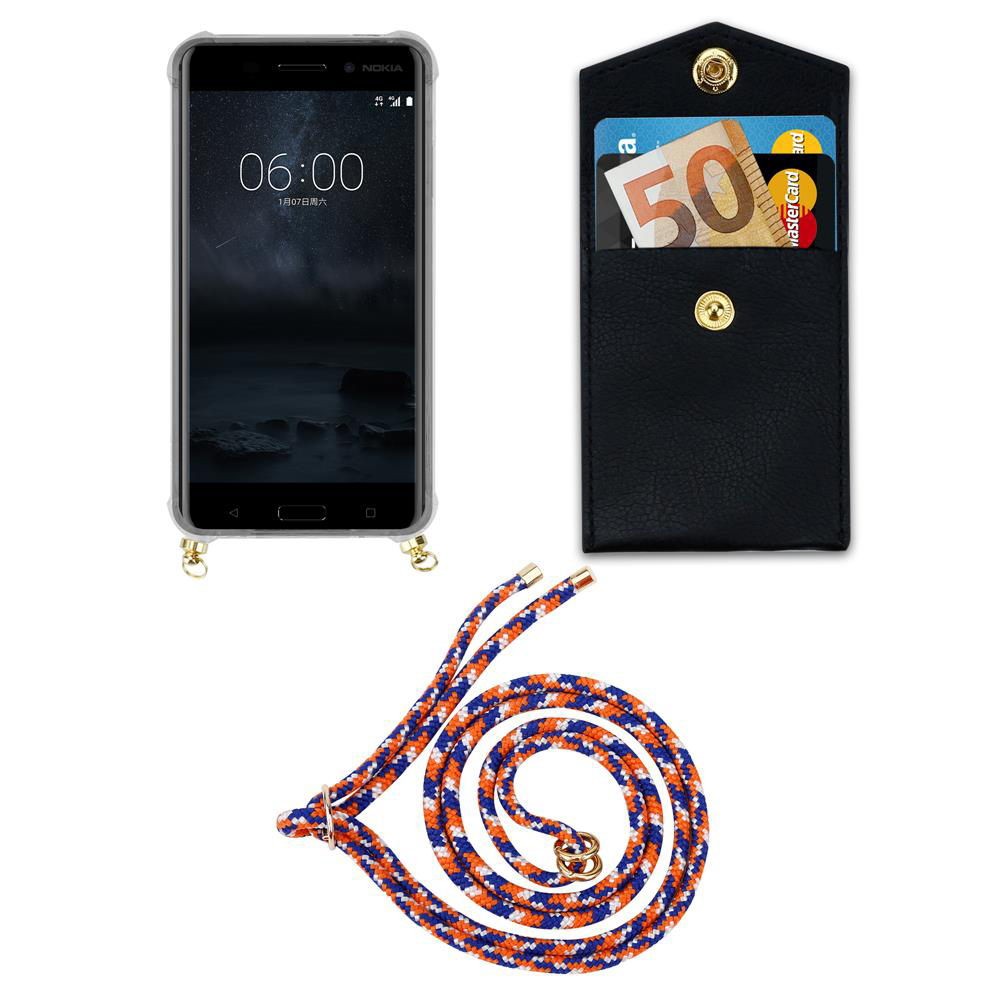 Ein Smartphone, eine schwarze Kartenhülle mit Geld und Karten, und eine gemusterte Kordel.