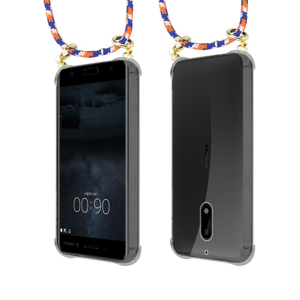 Zwei Ansichten eines Smartphones mit einem geflochtenen Band und goldenen Ringen.