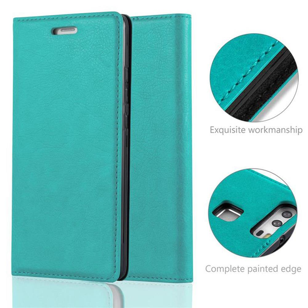 Funda de teléfono abatible turquesa con primeros planos de costuras y recorte de cámara.