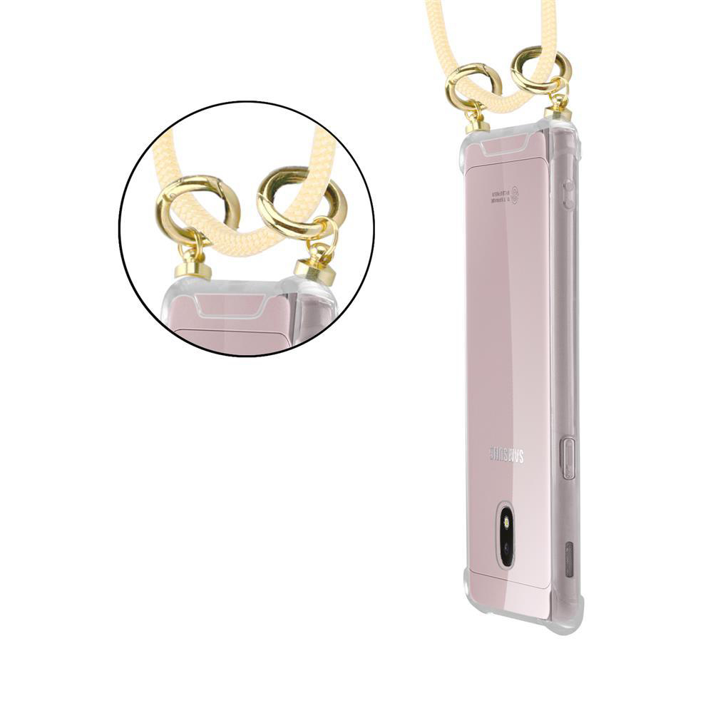 Uno smartphone rosa in una custodia trasparente con cinturino color crema.