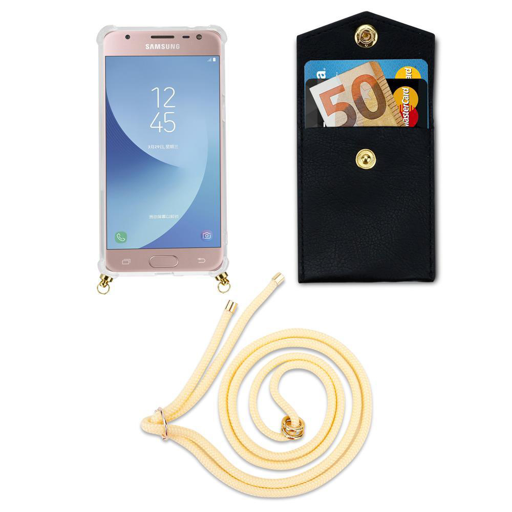 Uno smartphone Samsung, un portafoglio nero con banconota da 50 euro e carte, e un cordino.