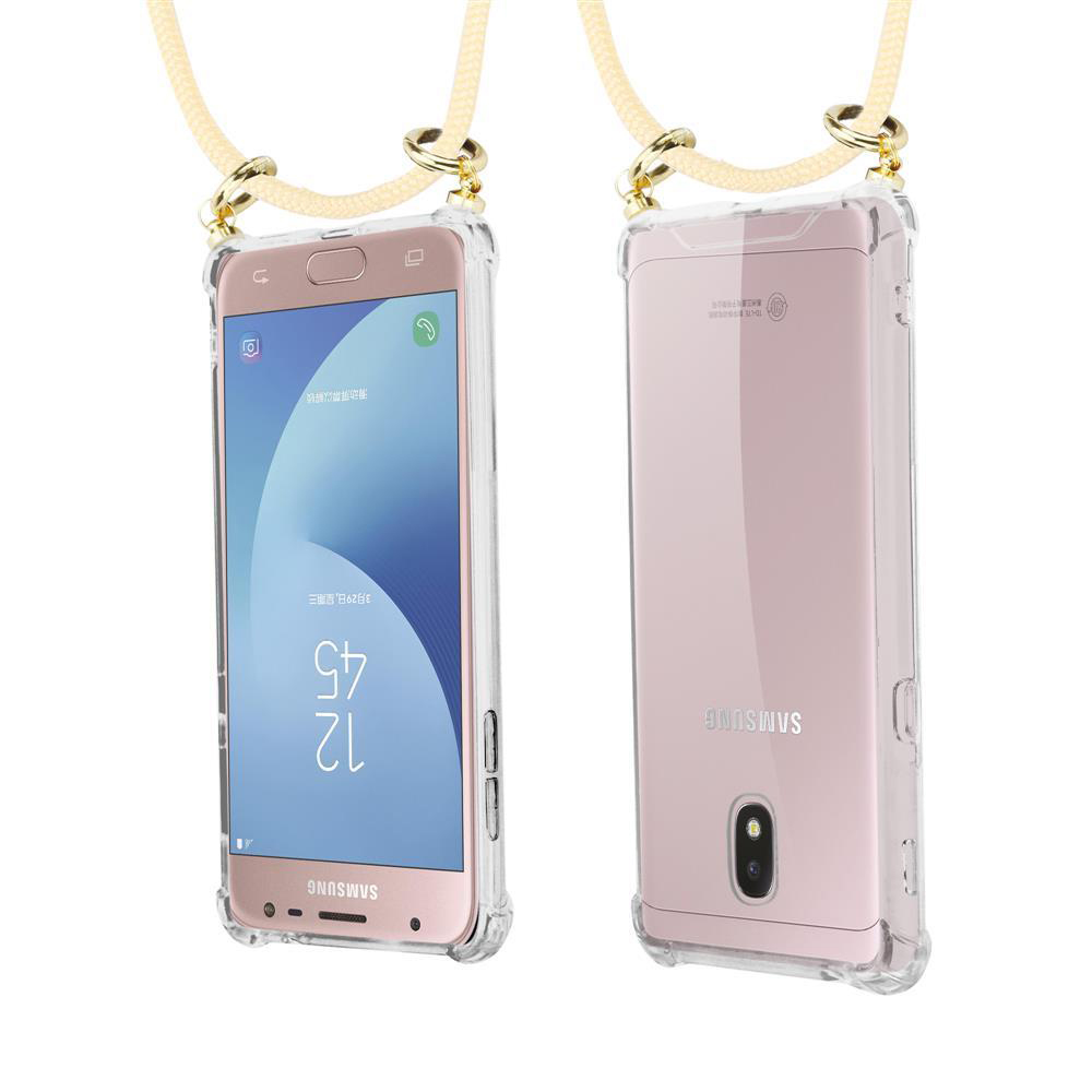 Due telefoni Samsung rosa in cover con laccetto, uno frontale, uno posteriore.