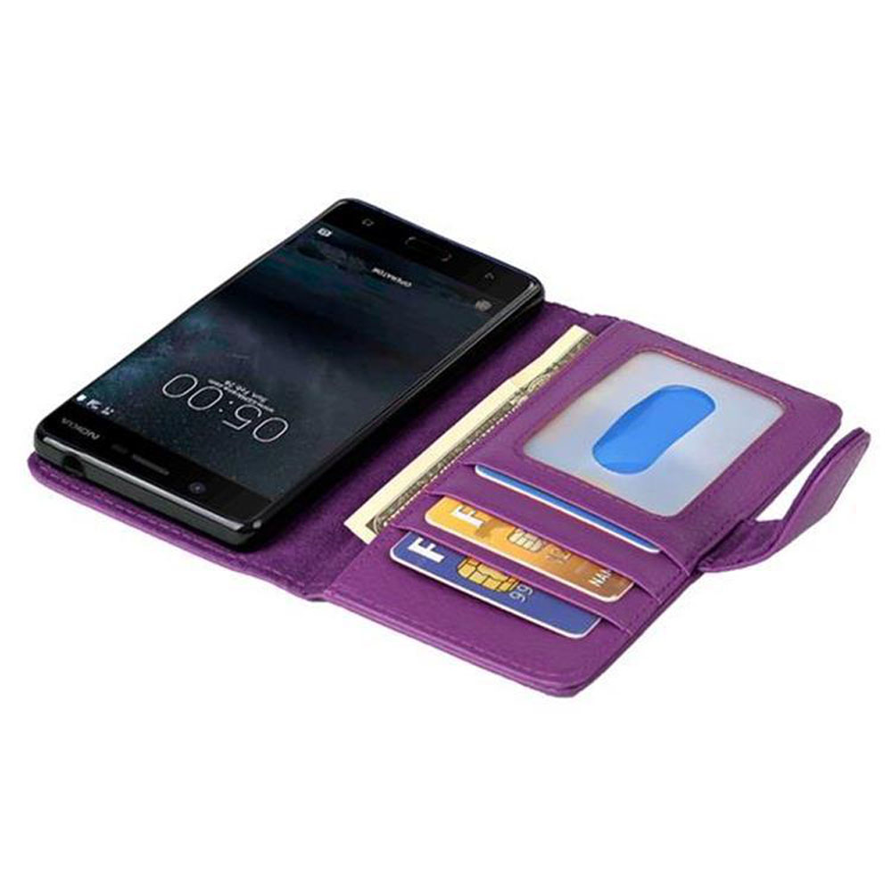 Custodia a portafoglio viola con smartphone, contanti e carte.