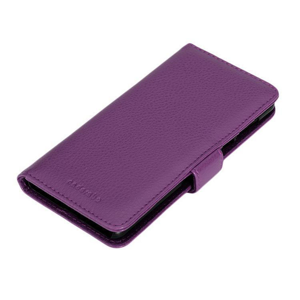 Custodia viola in pelle per telefono con chiusura magnetica, su sfondo bianco.