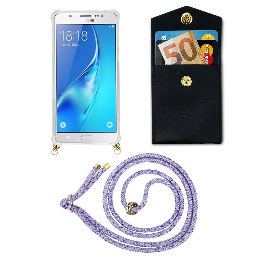 Uno smartphone bianco, porta carte nero con soldi e cordino viola su sfondo bianco.