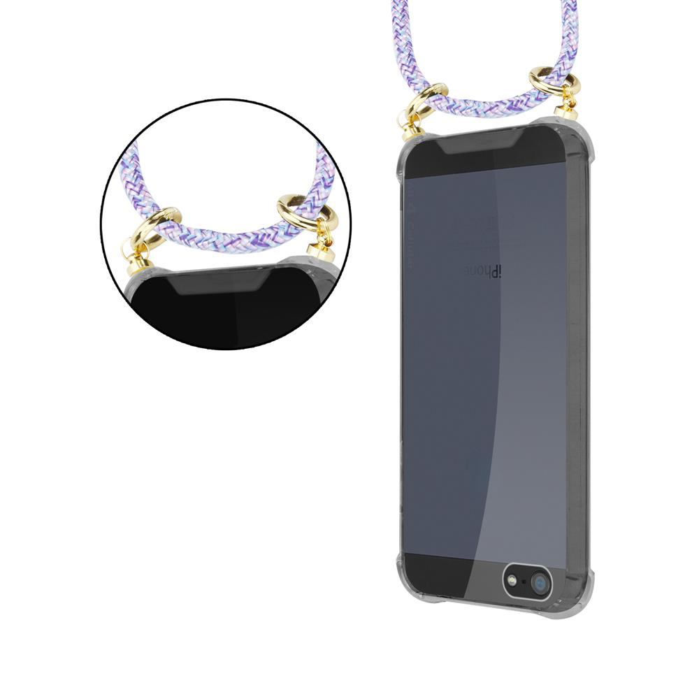 Un iPhone in custodia trasparente con un cordino viola e bianco.