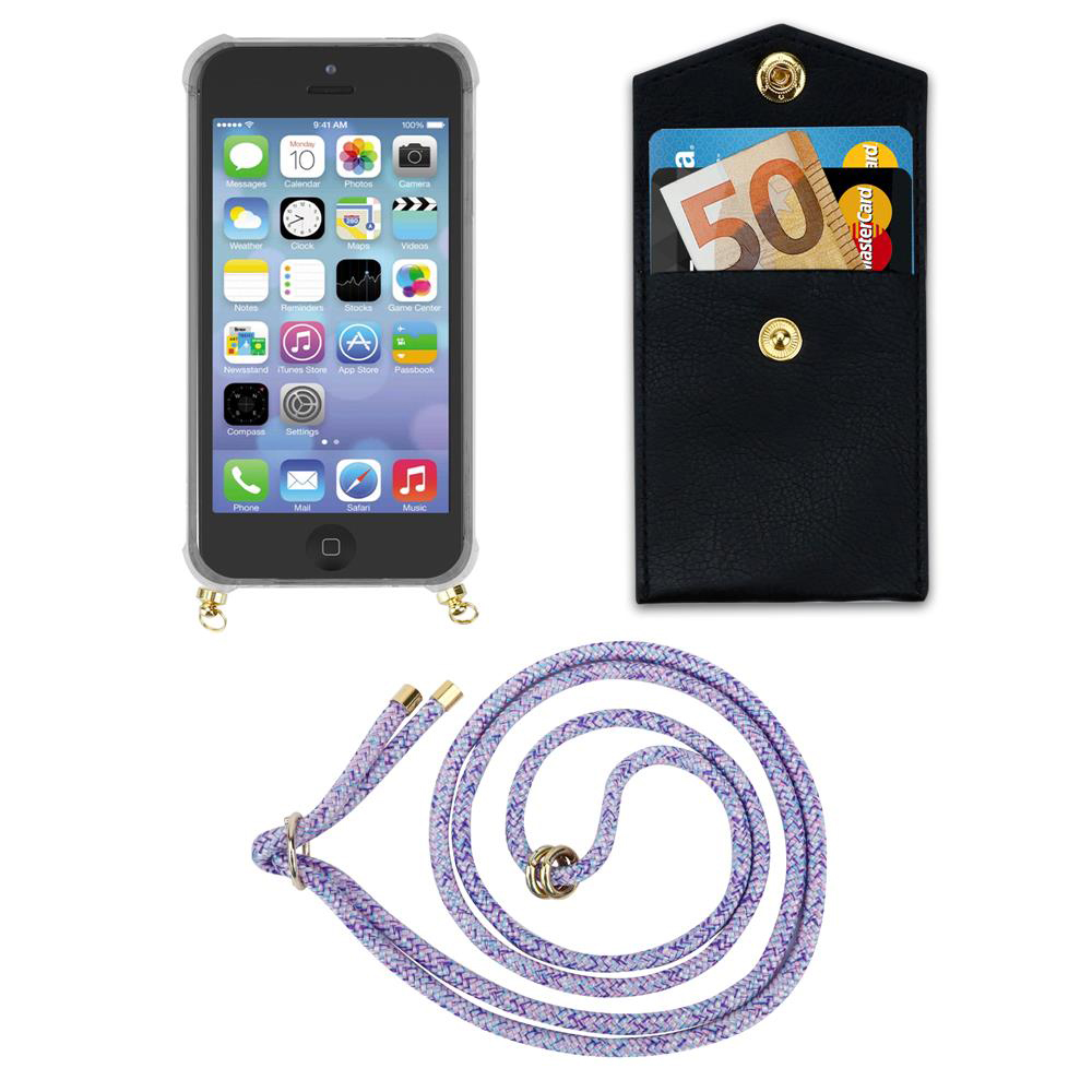 iPhone con custodia, portafoglio nero con soldi e carte, cordino viola.