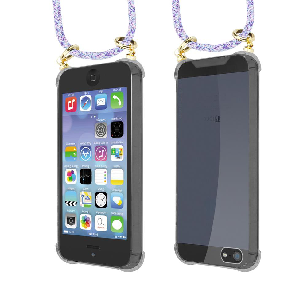 Due iPhone in custodie trasparenti con cordini. Uno mostra la schermata home.