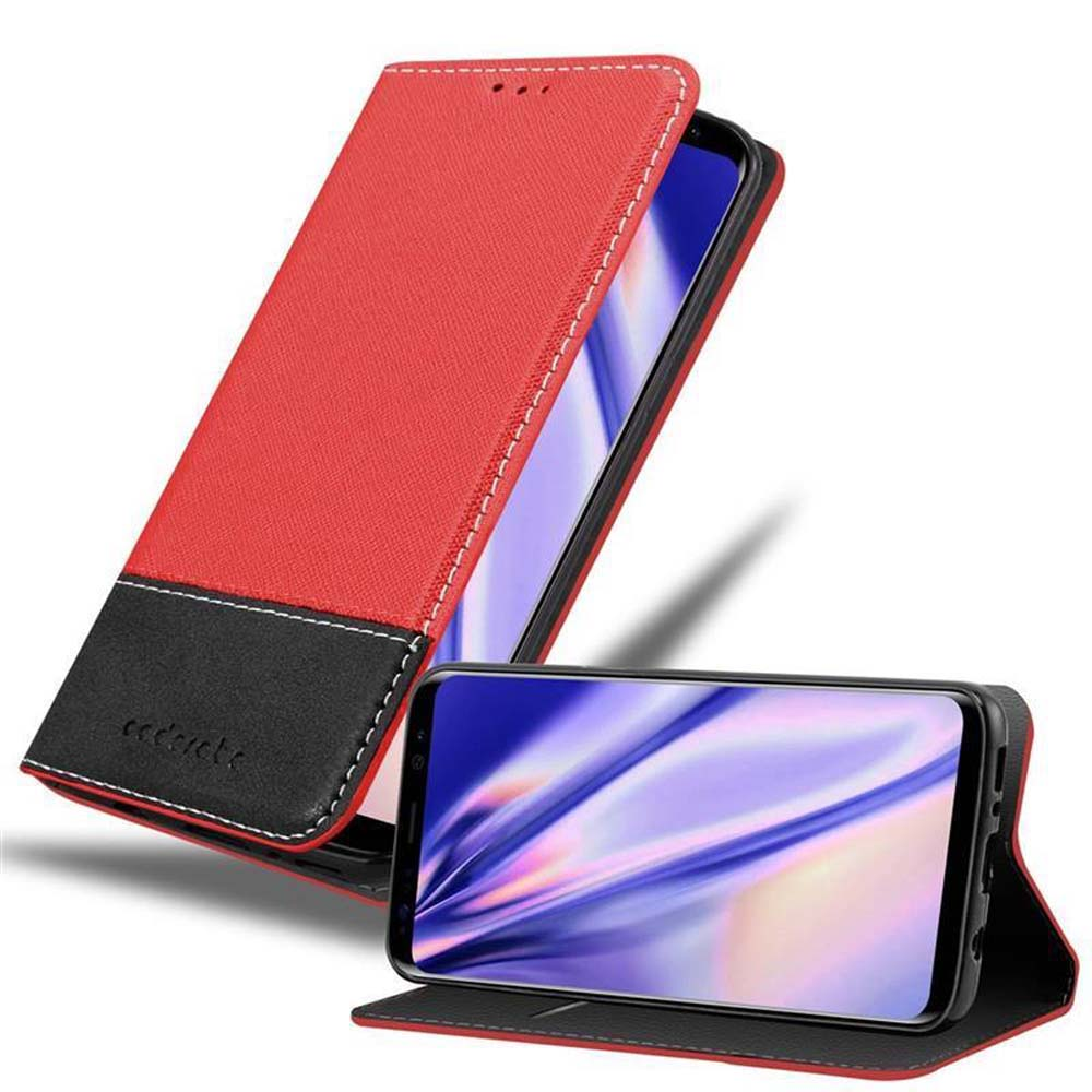 Rote und schwarze Handyhülle im aufgeschlagenen Zustand mit einem Smartphone darin.