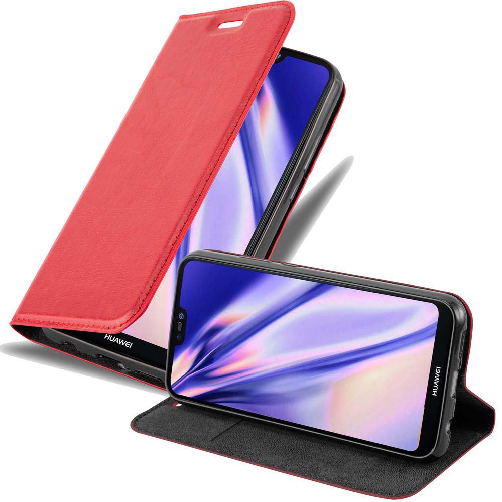 Rotes Klapphandy-Etui mit zwei Huawei-Telefonen, eines geöffnet, eines geschlossen.