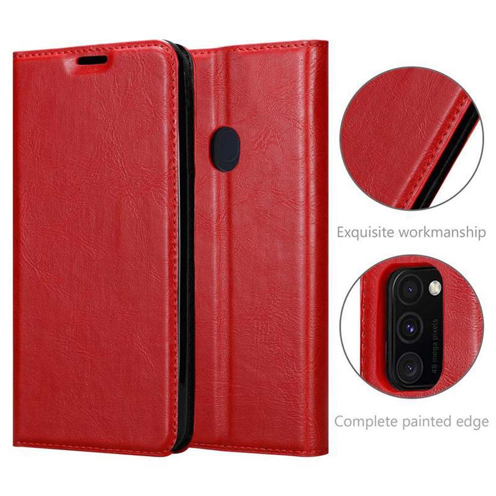 Custodia rossa per telefono con cuciture e ritaglio fotocamera.