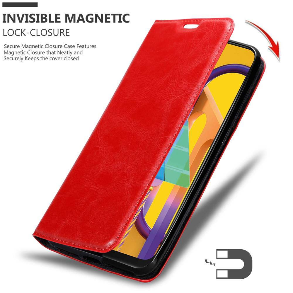 Custodia per telefono rossa con chiusura magnetica, parzialmente aperta.