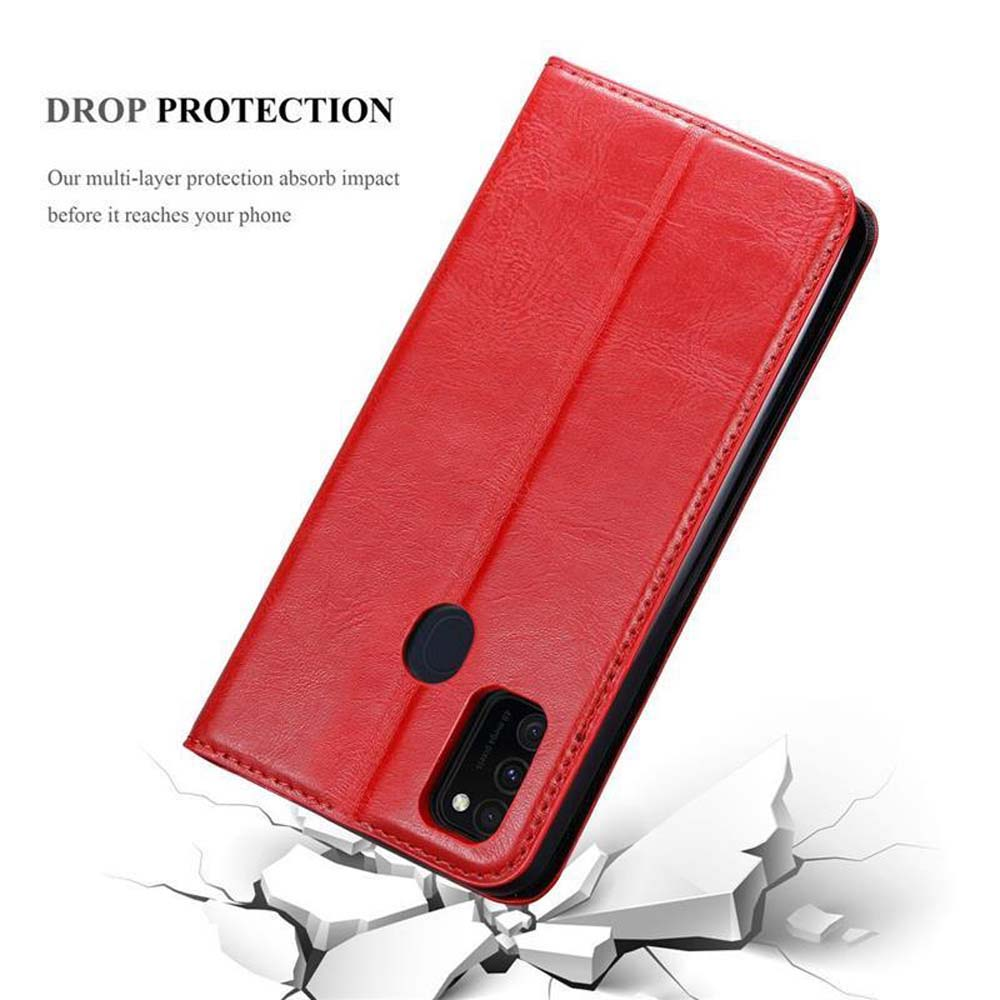 Custodia rossa a libro con scritta "Drop Protection" su sfondo bianco.