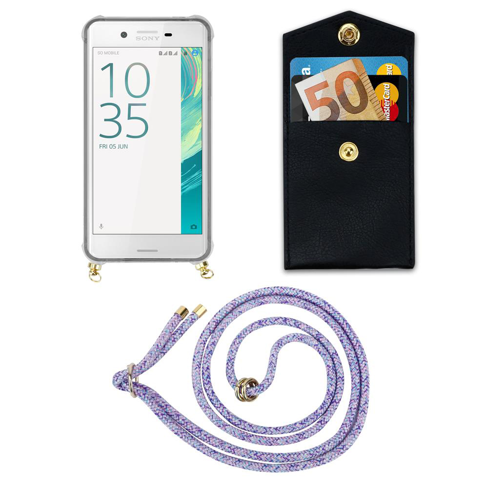 Ein weies Smartphone mit Hörschnecke, eine schwarze Brieftasche und ein lila Band.