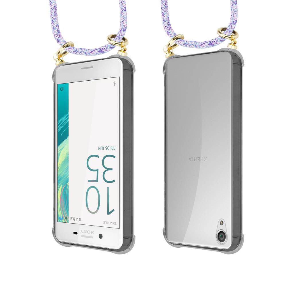 Zwei Sony Xperia Handys mit Lanyard. Eines zeigt den Bildschirm, das andere die Rückseite.