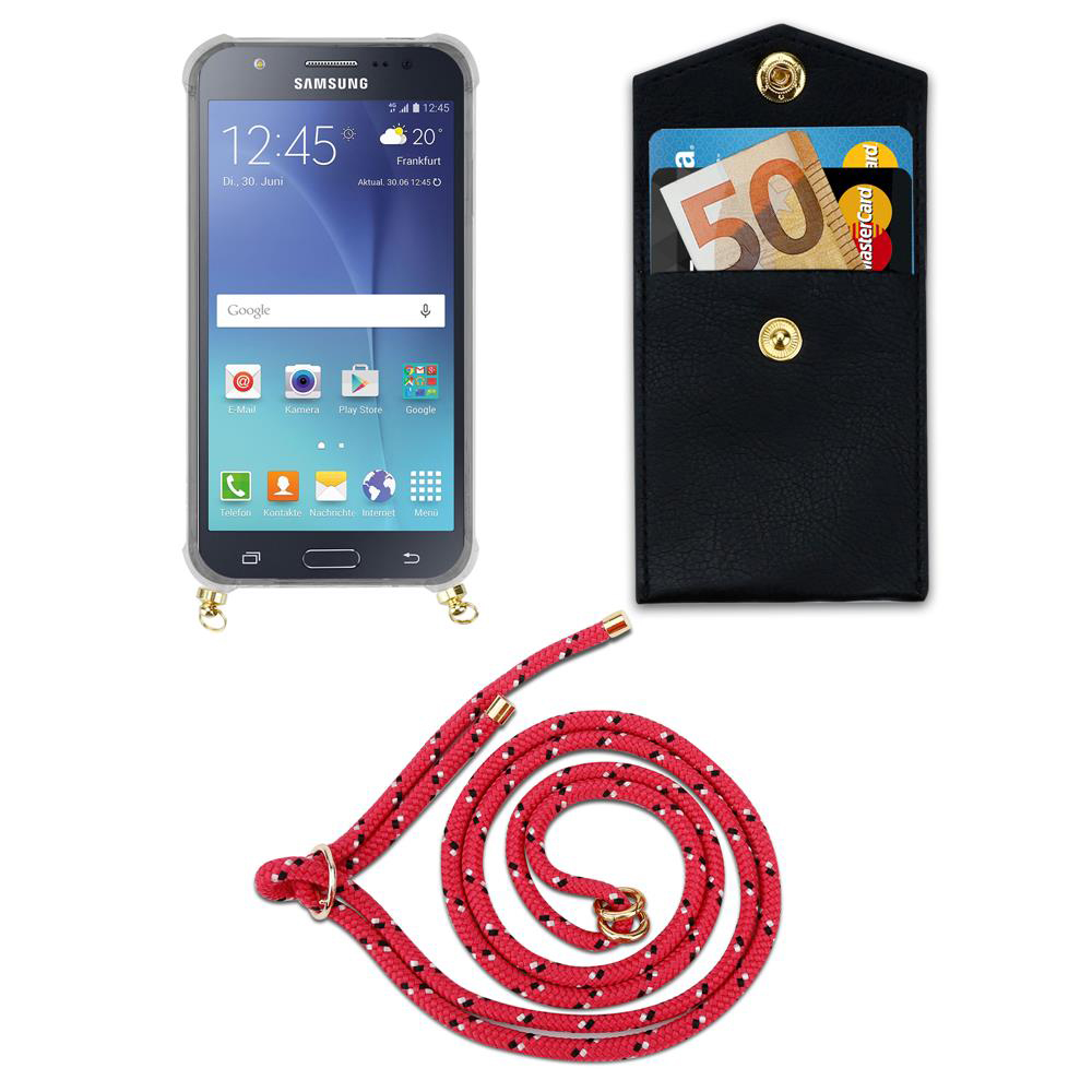 Uno smartphone con custodia, una tasca nera con soldi e carte, e un cordino rosso.