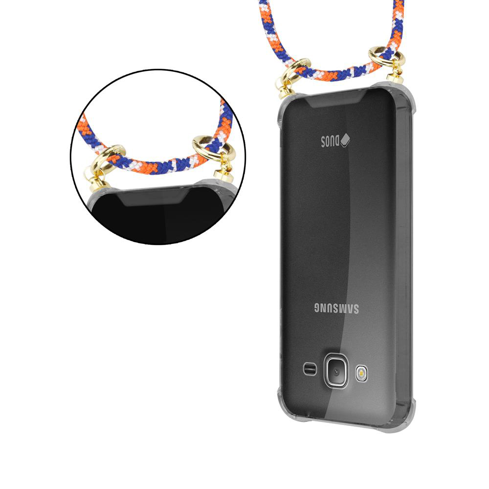 Un telefono Samsung in una custodia trasparente con un cordino colorato.