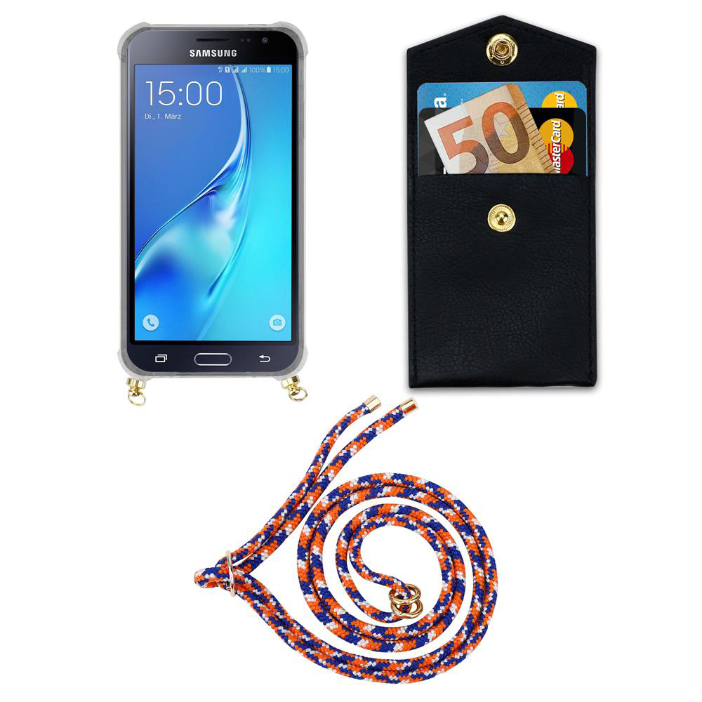 Uno smartphone, un portafoglio nero con carte e denaro e un cordino.