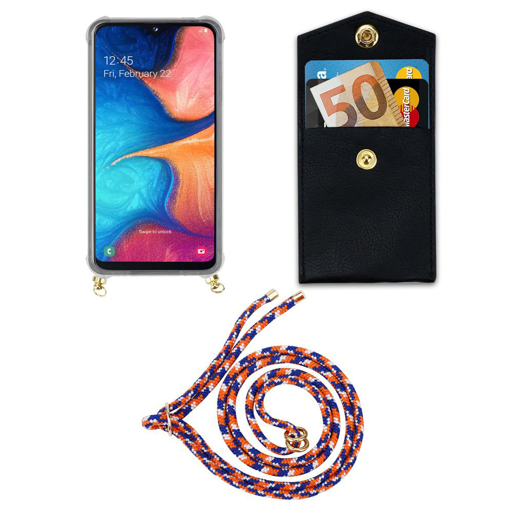 Smartphone con cover, portafoglio con carte e denaro, e un cordoncino.