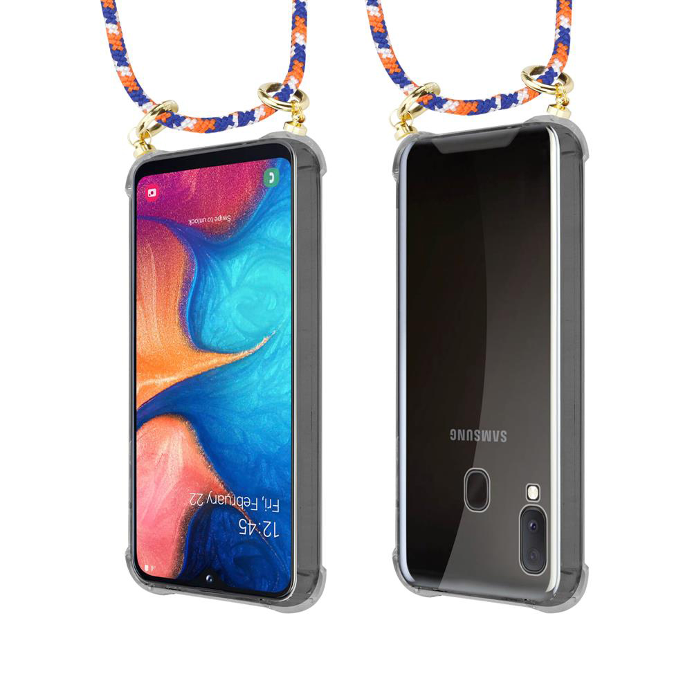 Uno smartphone con cordino colorato, mostrato fronte e retro.